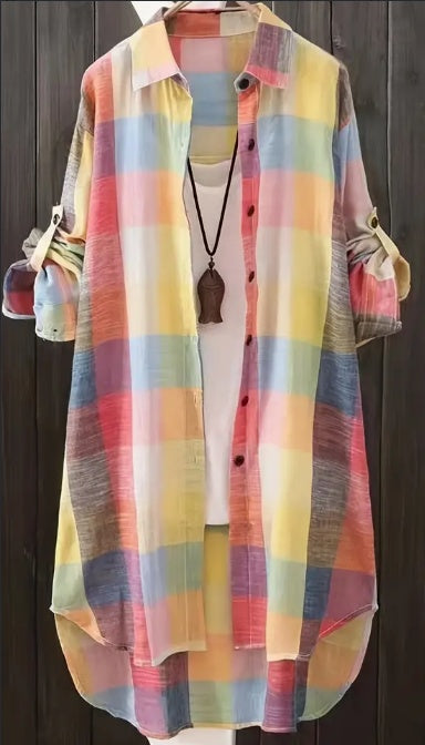 Sarah Express Women's Plus Size Plaid Button Up Shirt Long Sleeve Collared Top