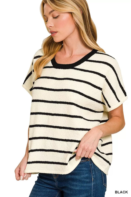Sarah Express Women's Striped Oversized Knit Sweater Top - Relaxed Fit Pullover