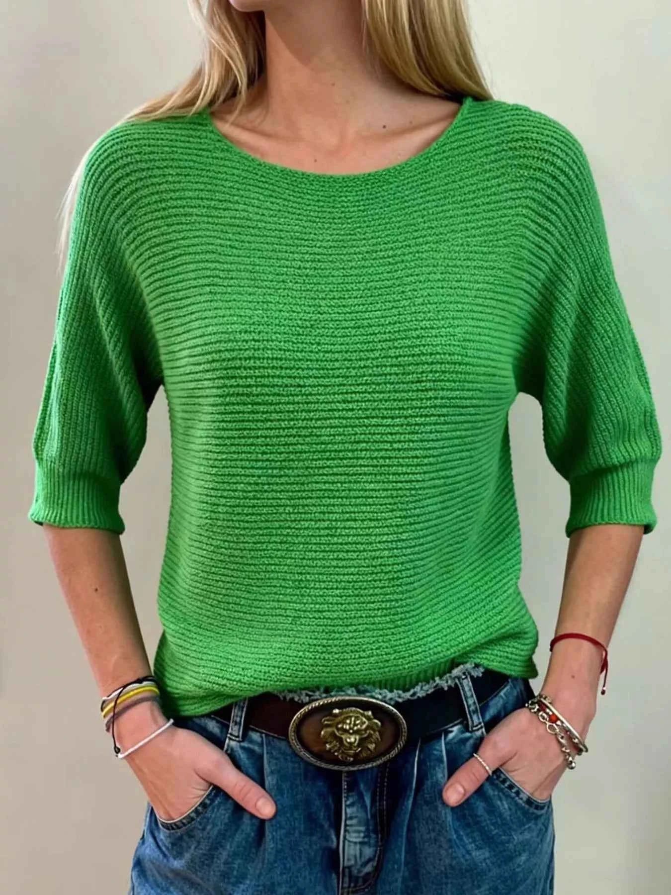 Sarah Express Women's Ribbed Knit Round Neck Sweater - Plus Size Available Green