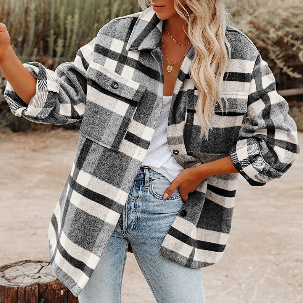 Sarah Express Women's Plaid Flannel Woolen Button-Up Shirt Urban Cardigan Style