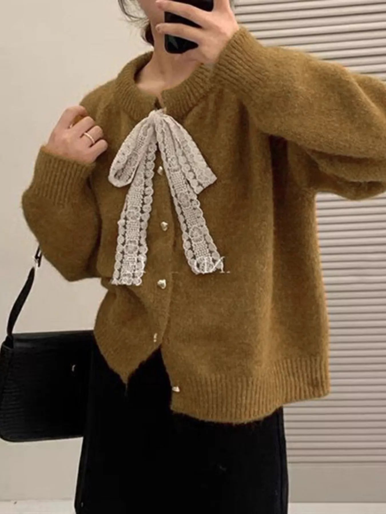 Sarah Express Women's Lace Bowknot Knit Cardigan Brown One Size