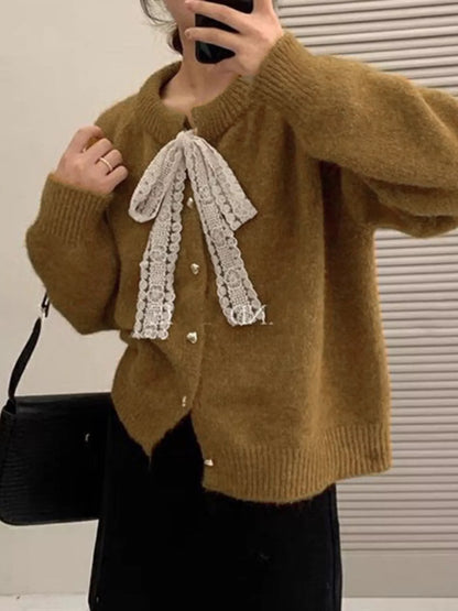 Sarah Express Women's Lace Bowknot Knit Cardigan Brown One Size