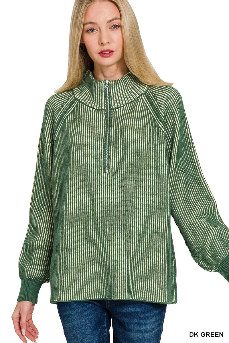 Sarah Express Women's Ribbed Two Tone Half Zip Sweater DK GREEN
