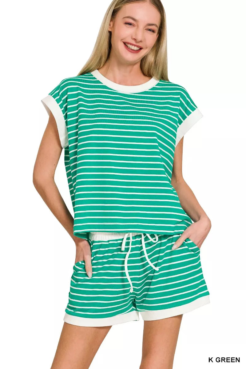 Sarah Express Women's Stripe Contrast Trim Top & Shorts Set K GREEN