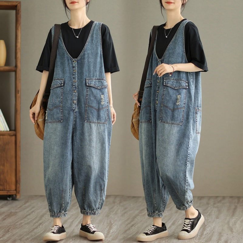 Sarah Express Women's Denim-Style Tank Top Jumpsuit - Summer Casual Cropped Ankle Length Sleeveless S-XL