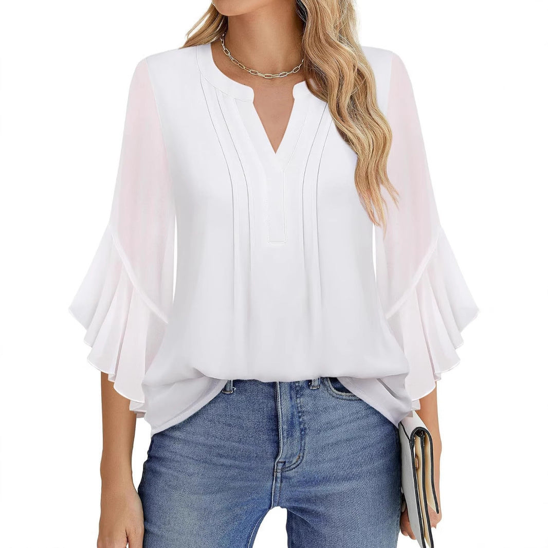 Sarah Express Women's Lotus Leaf Ruffle Sleeve Pullover Top Loose Fit 3/4 Sleeve