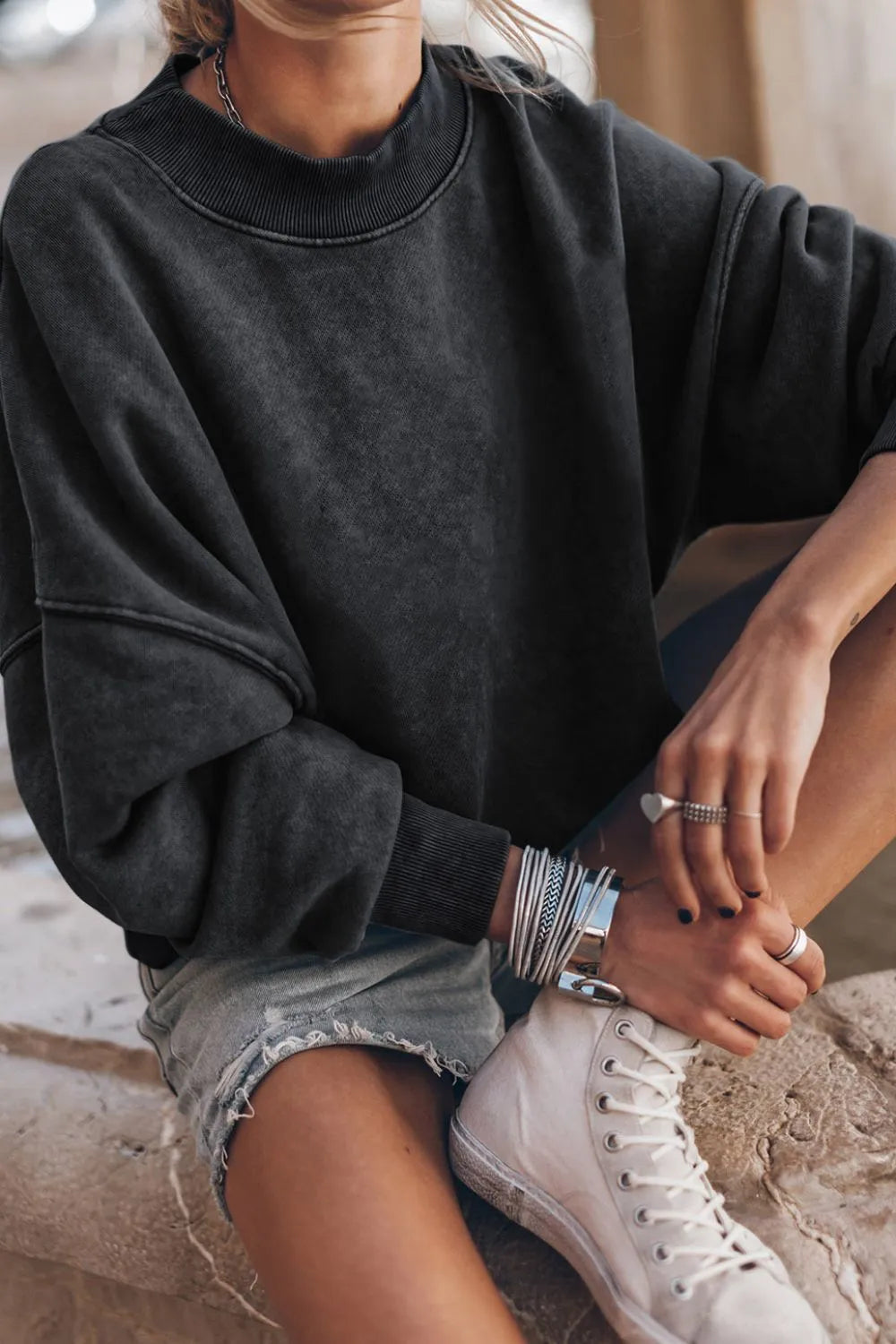 Sarah Express Women's Mock Neck Dropped Shoulder Sweatshirt Black