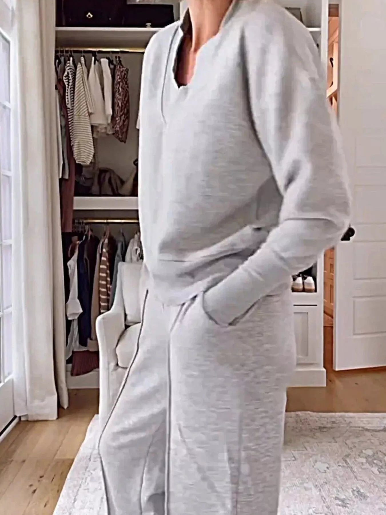 Sarah Express Women's Cozy V-Neck Top and Pants Lounge Set