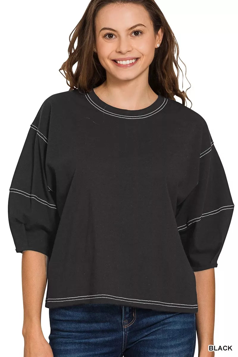 Sarah Express Women's Balloon Sleeve Top with Contrast Stitching - Statement Blouse BLACK
