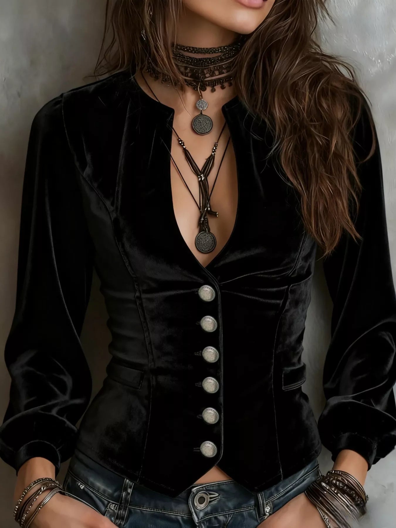 Sarah Express Women's Velvet Button-Down Jacket Black