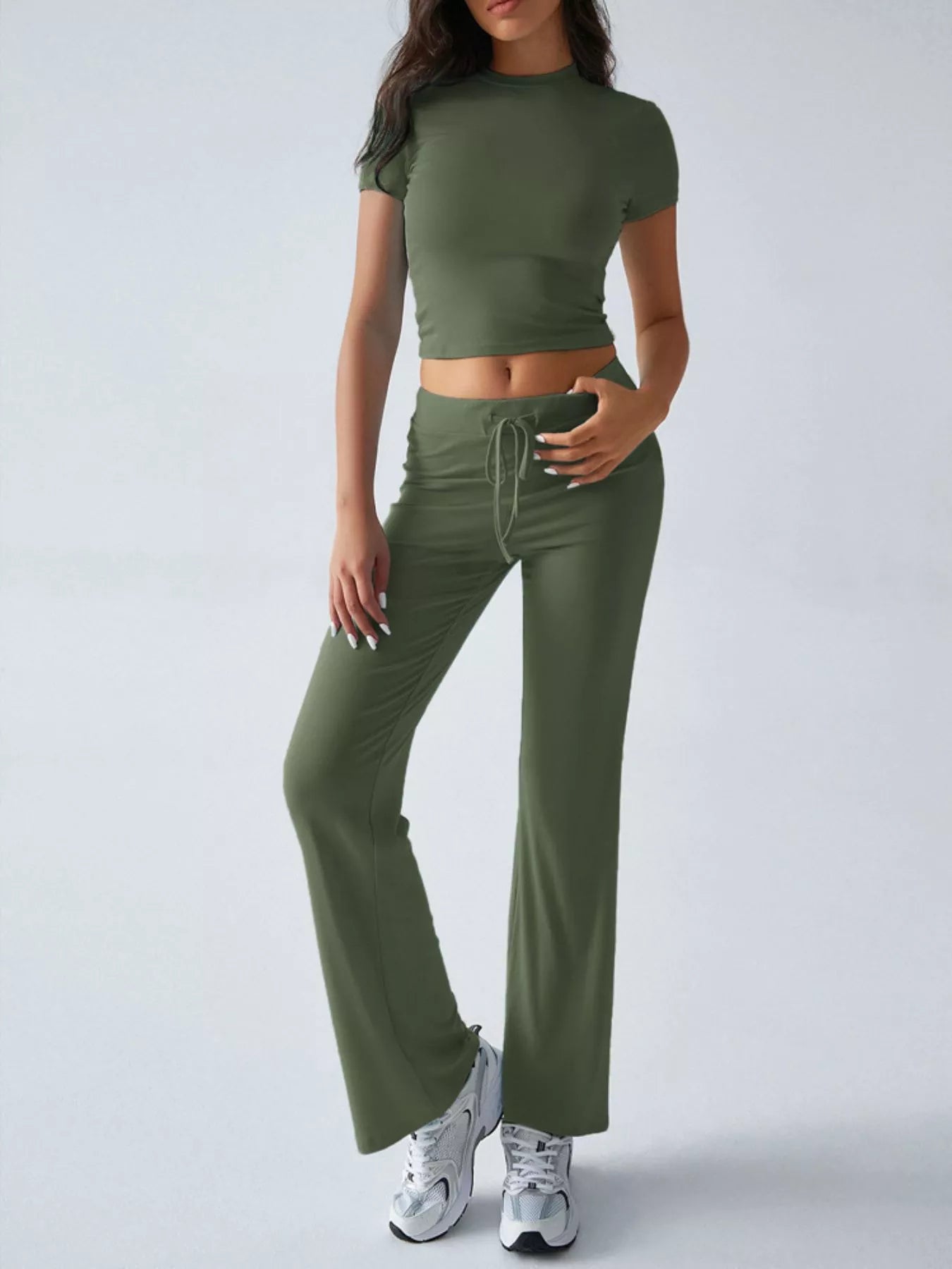 Sarah Express Women's Mock Neck Short Sleeve Top and Pants Set