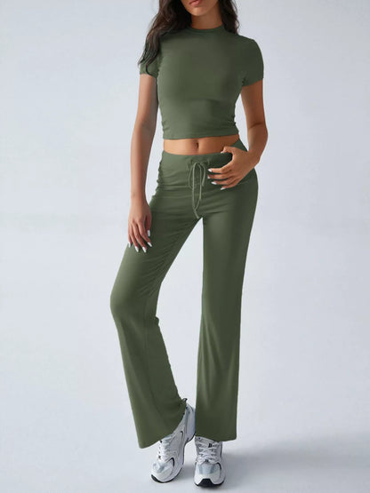 Sarah Express Women's Mock Neck Short Sleeve Top and Pants Set