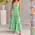 Striped Square Neck Maxi Dress Backless Suspender with Pockets