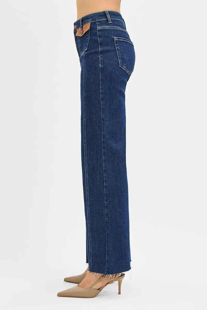 Sarah Express Women's High Rise Wide Flare Jeans with Leather Pocket Detail - Premium Denim