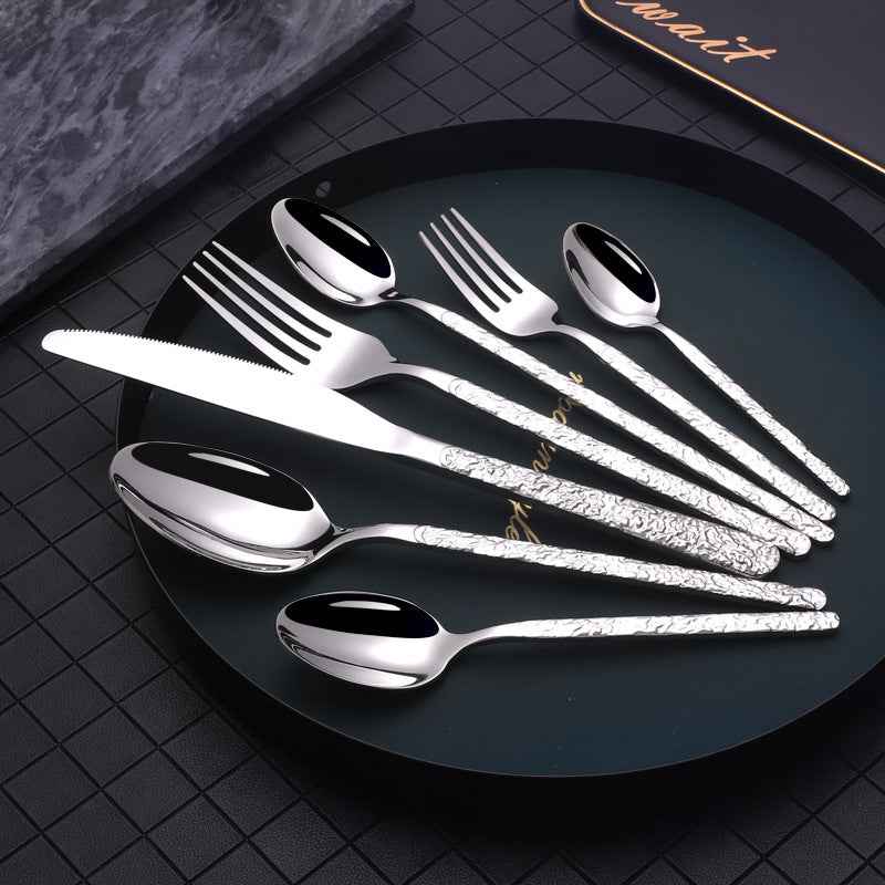 Sarah Express Premium Stainless Steel Steak Knife Fork Set - Embossed Handle Western Cutlery Silver 7PCS