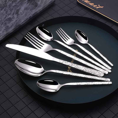 Sarah Express Premium Stainless Steel Steak Knife Fork Set - Embossed Handle Western Cutlery Silver 7PCS