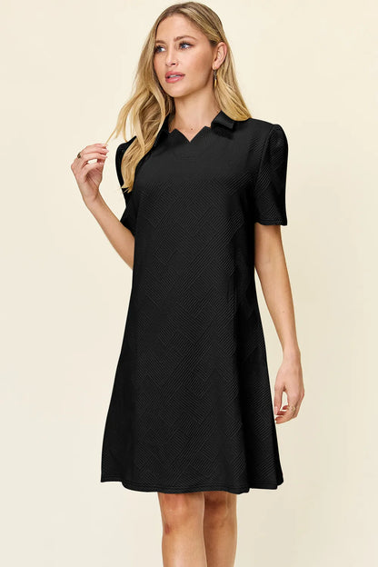 Sarah Express Women's Textured Collared Neck Short Sleeve Dress Black