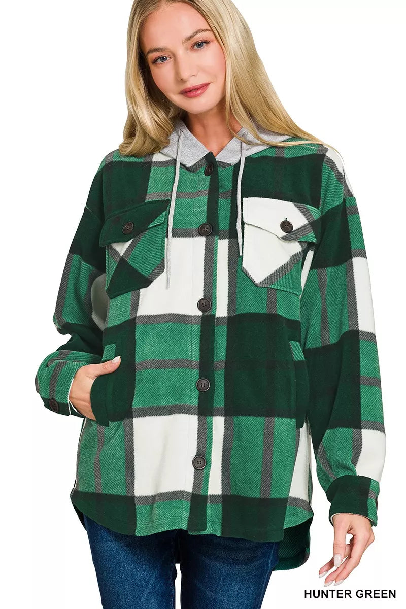 Sarah Express Women's Plaid Drawstring Hooded Fleece Shacket HUNTER GREEN