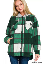 Sarah Express Women's Plaid Drawstring Hooded Fleece Shacket HUNTER GREEN