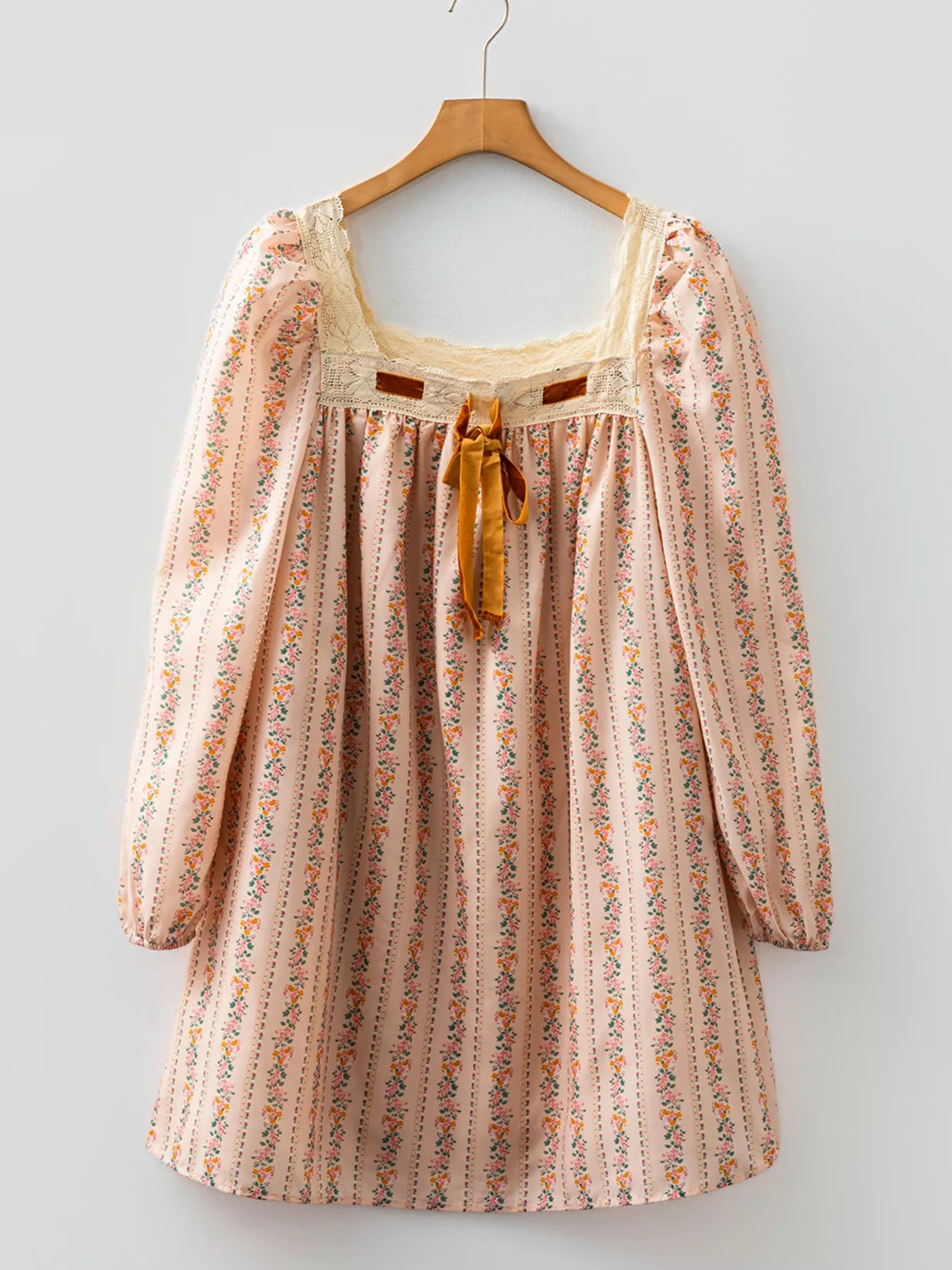 Sarah Express Women's Floral Print Bow Lace Long Sleeve Mini Dress - Romantic Loose Fit