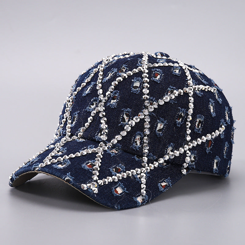 Sarah Express Rhinestone Leopard Denim Baseball Cap Distressed Cotton Adjustable Hat