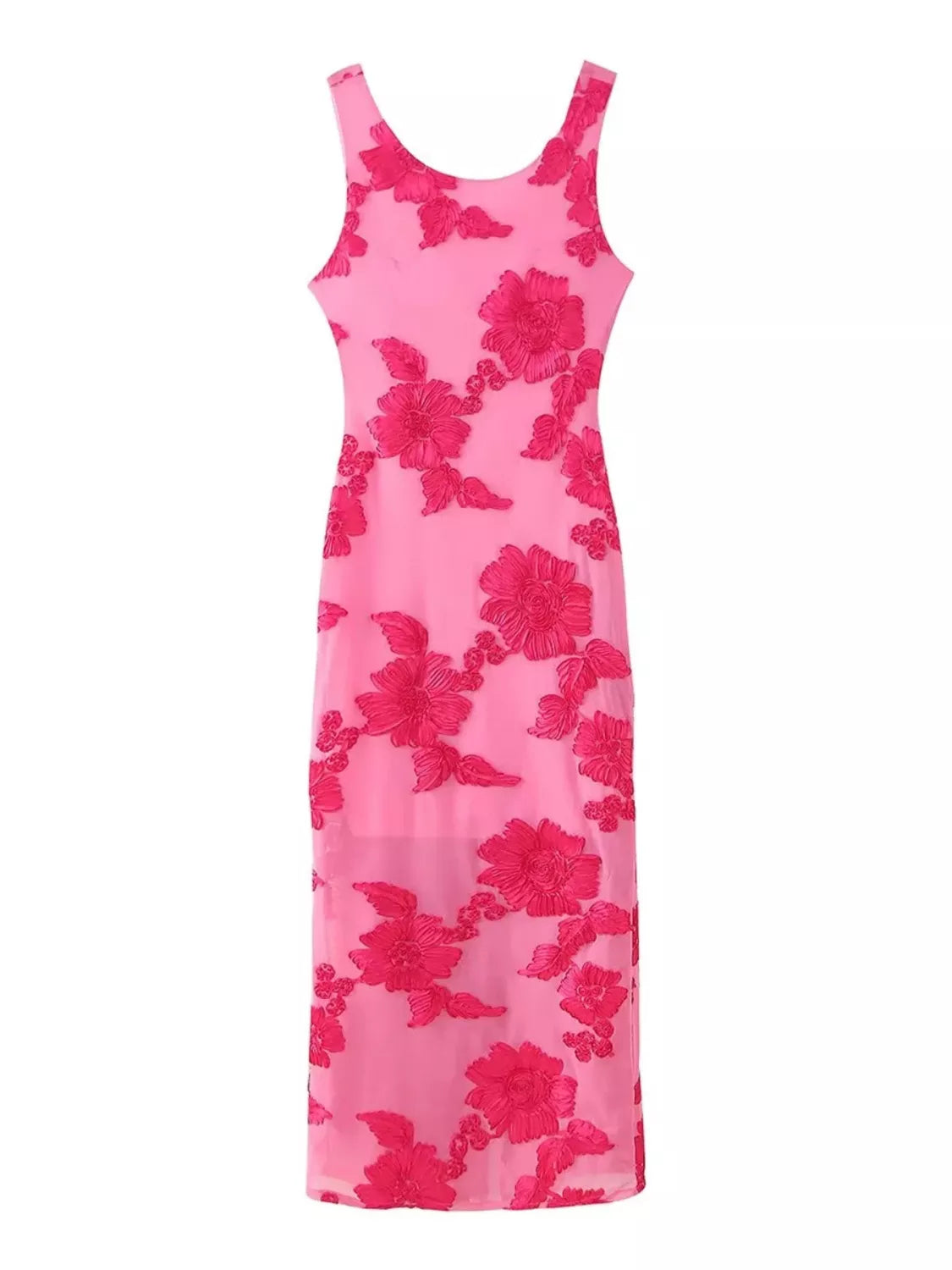 Sarah Express Women's Floral Wide Strap Midi Dress with Tied Waist Hot Pink