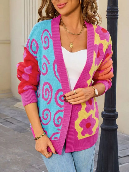 Sarah Express Women's Colorful Ribbed Open Front Cardigan - Multicolor Striped Knit Sweater Rose Red