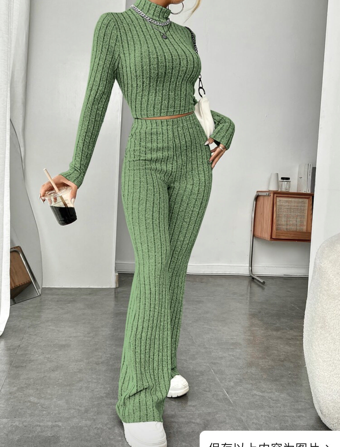 Sarah Express Women's Turtleneck Top and Wide Leg Pants Two-Piece Set Cotton Loungewear Suit