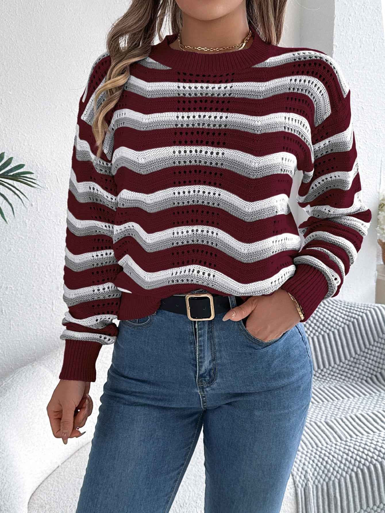 Sarah Express Women's Hollow Out Color Block Stripe Lantern Sleeve Pullover Sweater
