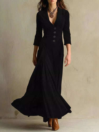 Sarah Express Women's Velvet Button Front 3/4 Sleeve Maxi Dress Black