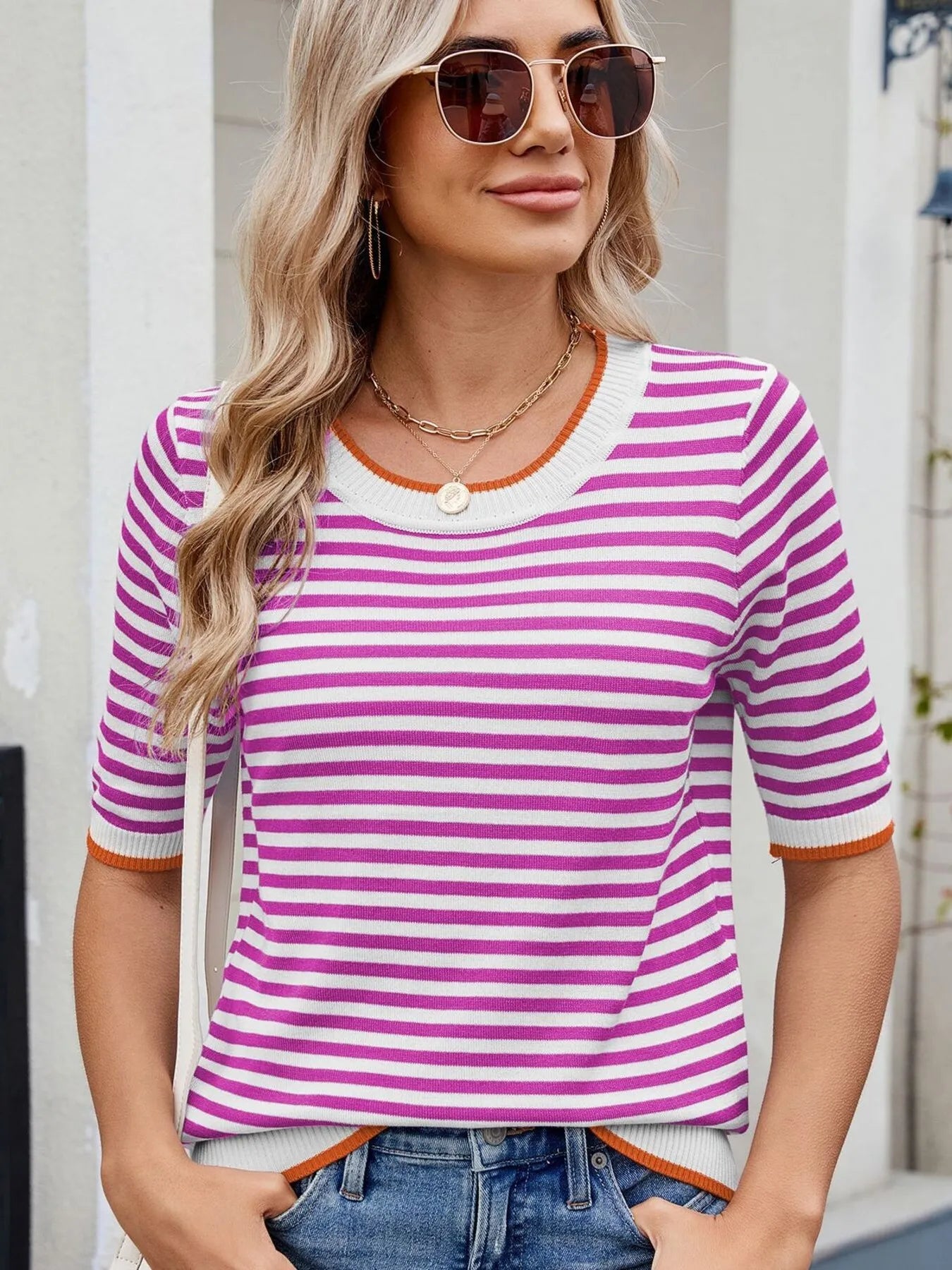 Sarah Express Women's Striped Casual T-Shirt with Contrast Trim