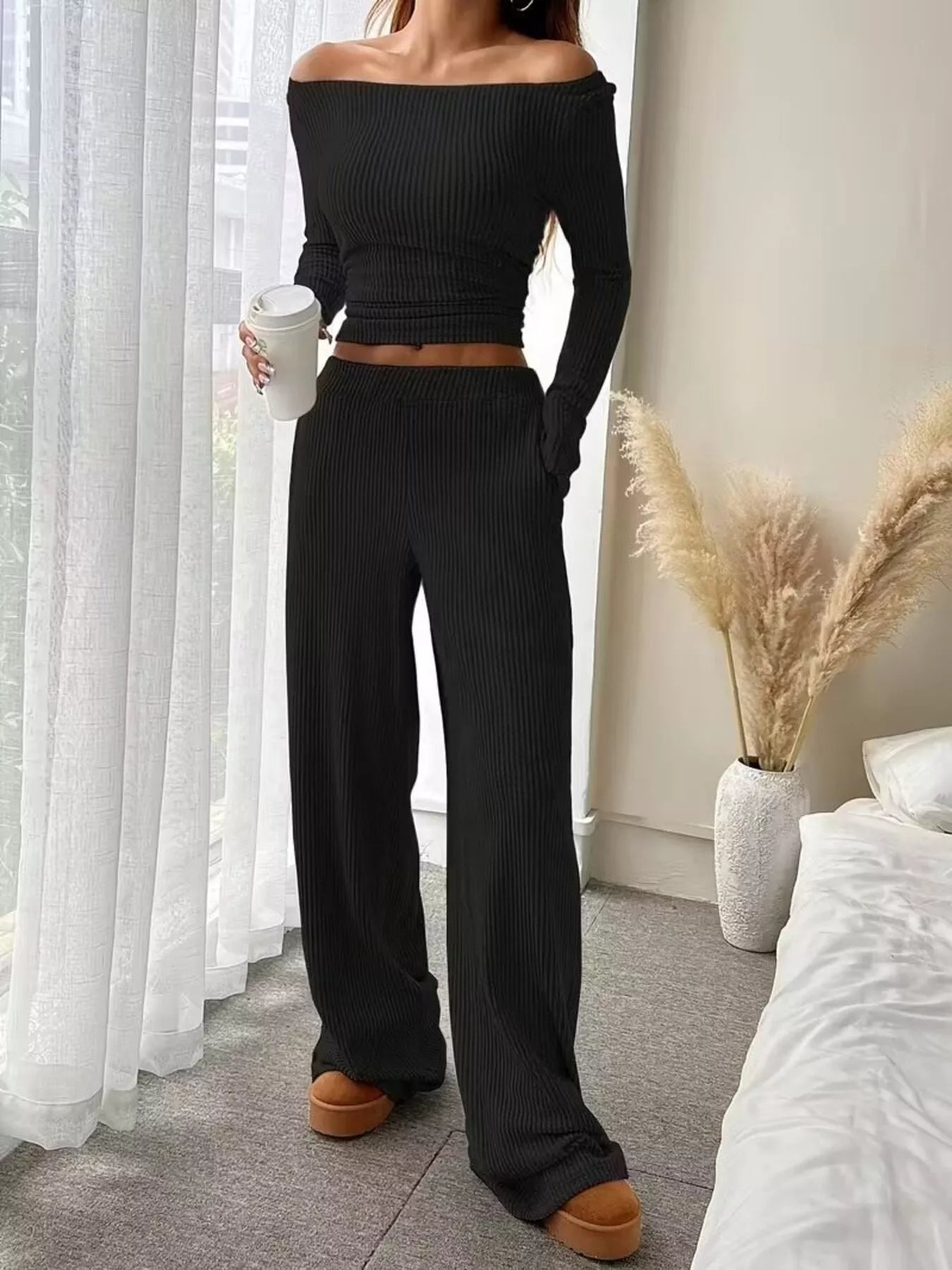 Sarah Express Women's Ribbed Knit Boat Neck Top and Pants Set Black