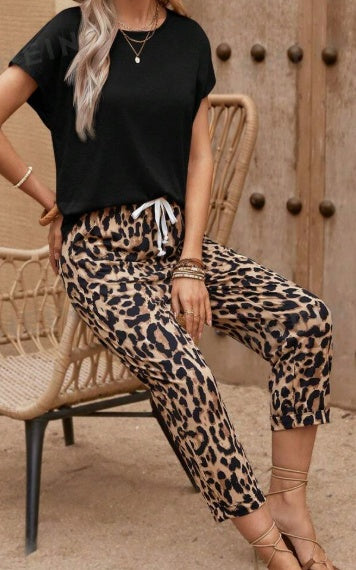 Sarah Express Solid Round Neck T-Shirt and Leopard Print Pants Two-Piece Set