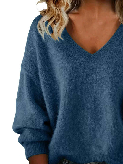 Sarah Express Women's V-Neck Dropped Shoulder Sweater - Plus Size