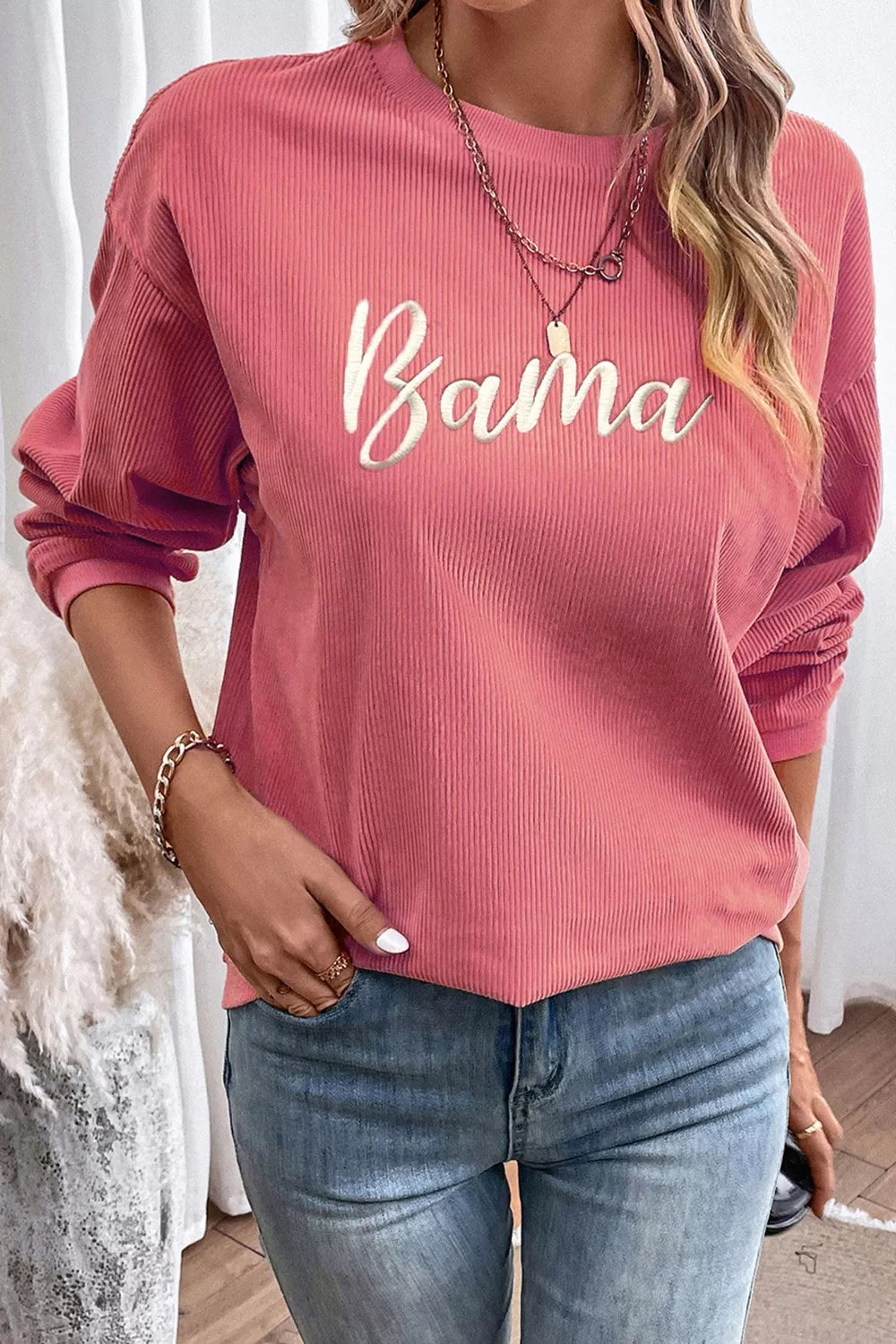 Sarah Express Women's Bama Embroidered Letter Graphic Corded Ribbed Sweatshirt
