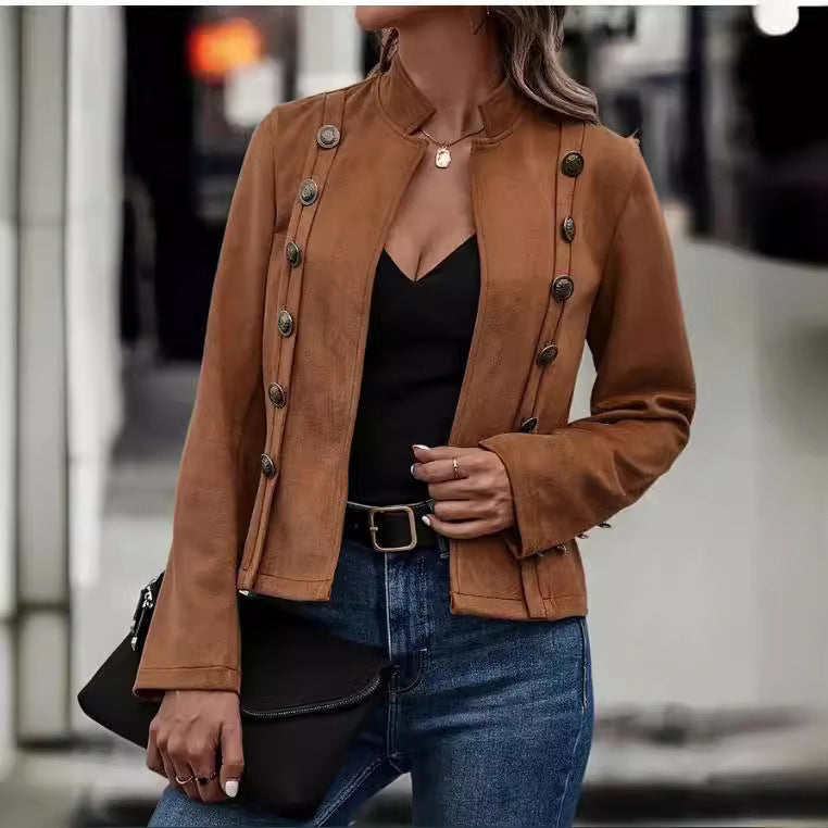 Sarah Express Women's Double-Breasted Suede Jacket Slim Fit Retro Long Sleeve Deerskin Velvet Fall Winter Outerwear