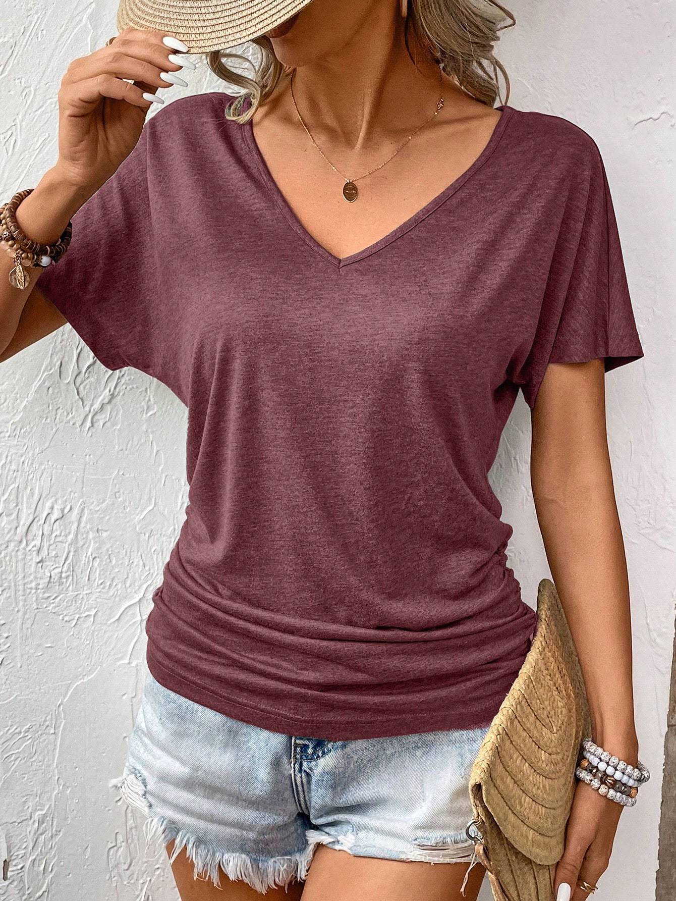 Sarah Express Women's V-Neck Ruched T-Shirt - Solid Color Short Sleeve Casual Knit Top