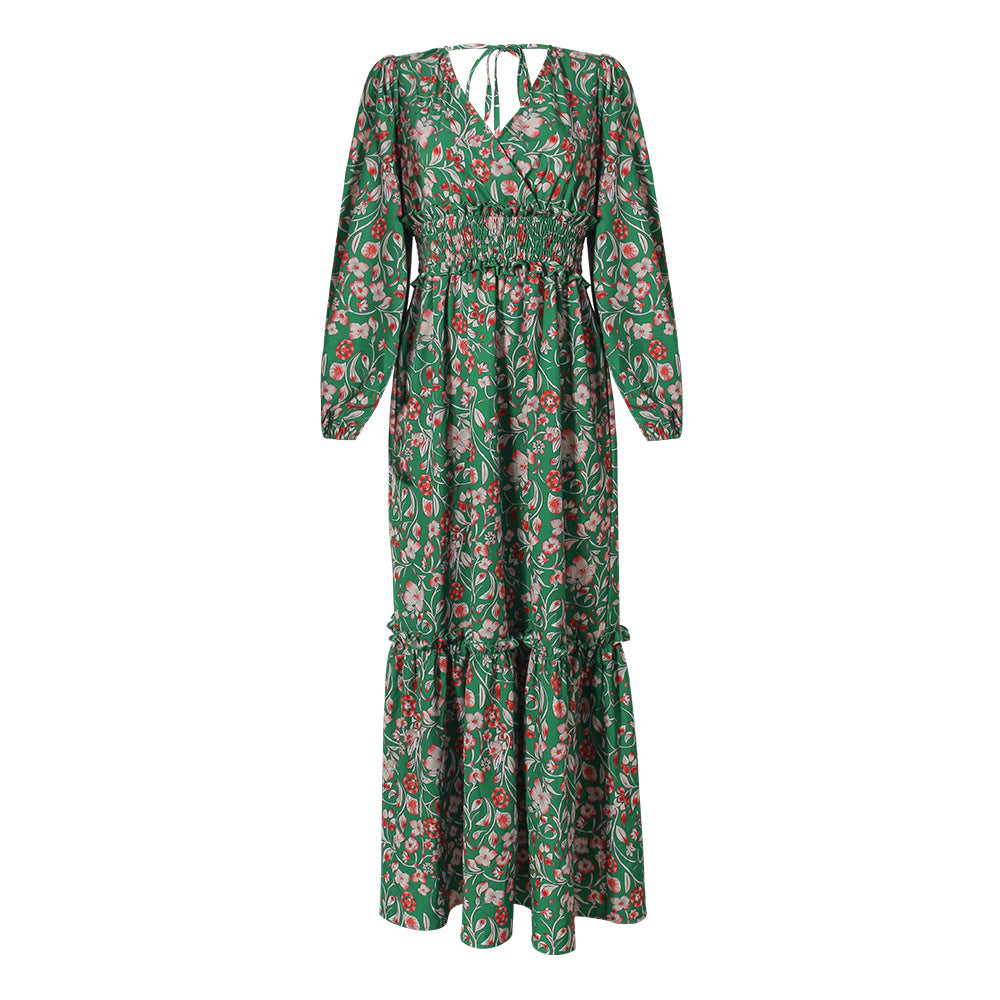 Sarah Express Printed V-Neck Lantern Sleeve Maxi Dress