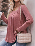 Sarah Express Women's Pleated Square Neck Long Sleeve T-Shirt