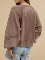 Sarah Express Women's Lace Detail Notched Long Sleeve Sweatshirt - Oversized Casual Pullover