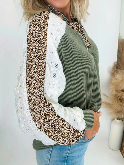 Sarah Express Women's Twisted Ribbed Leopard Lace Contrast Long Sleeve Top