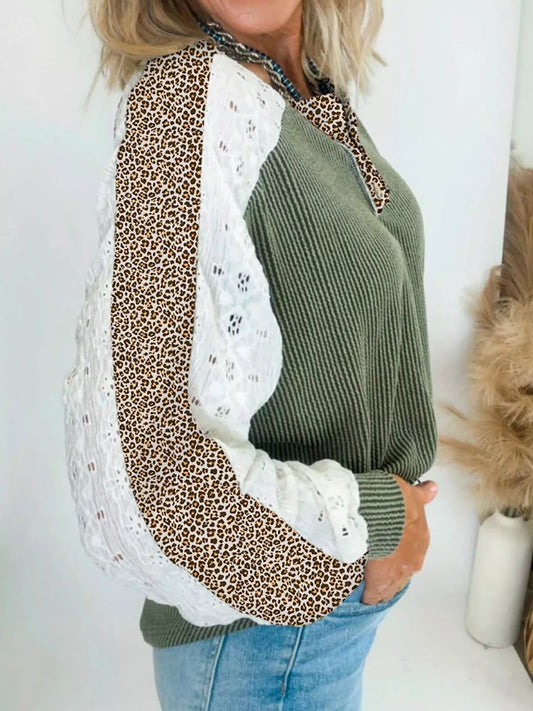 Sarah Express Women's Twisted Ribbed Leopard Lace Contrast Long Sleeve Top
