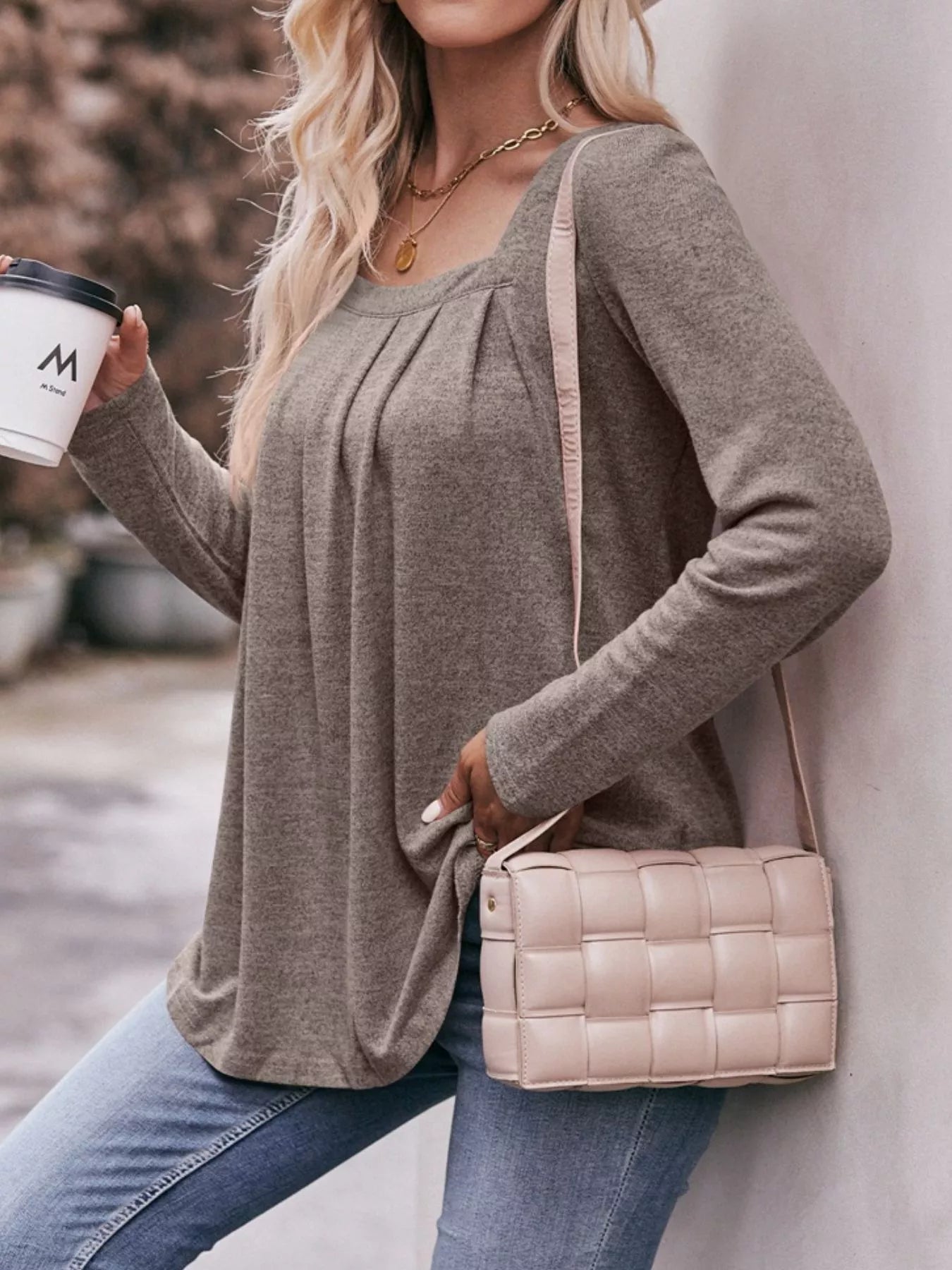 Sarah Express Women's Pleated Square Neck Long Sleeve T-Shirt