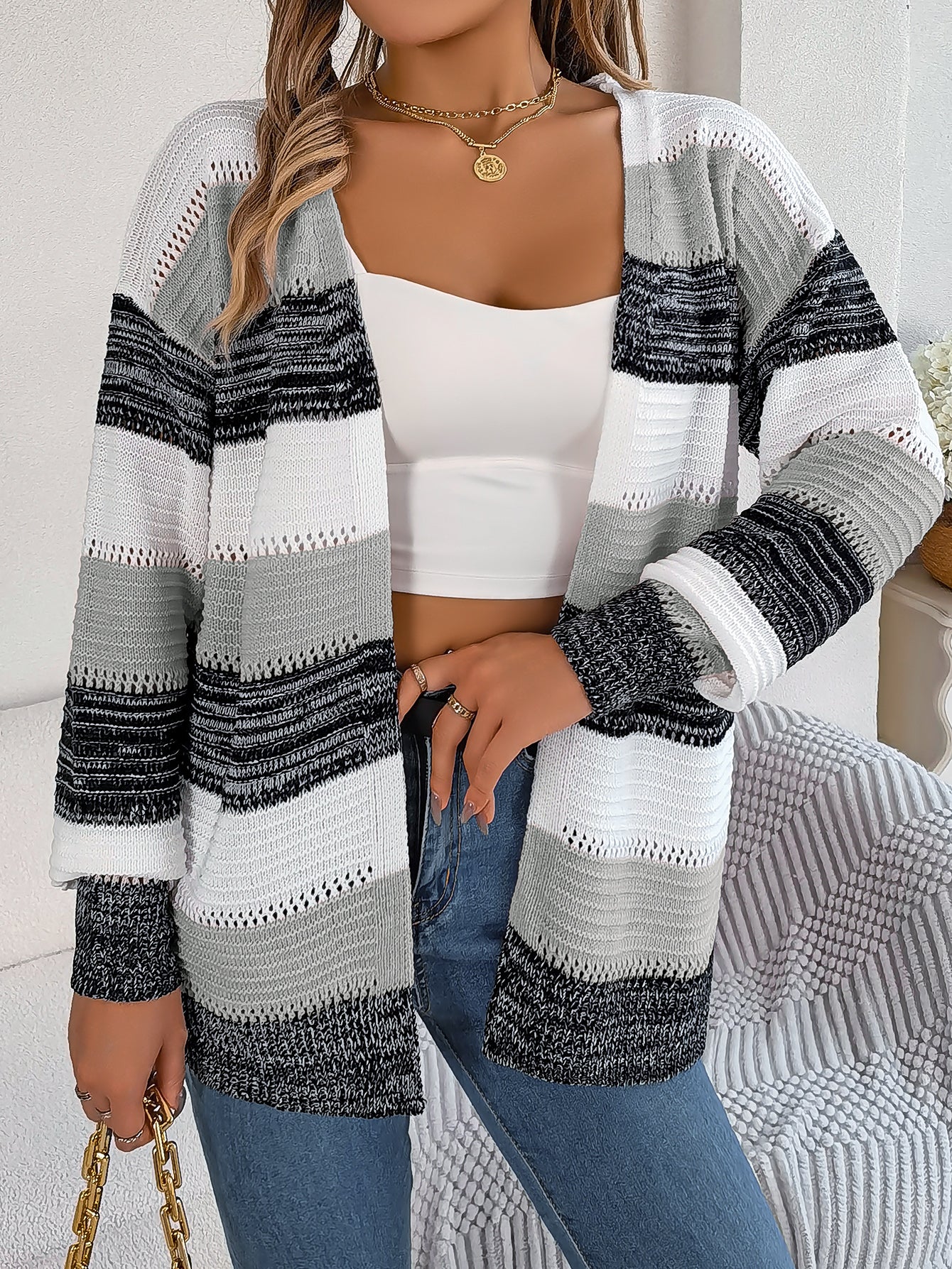 Sarah Express Women's Color Block Stripe Cardigan Sweater with Lantern Sleeves Gray