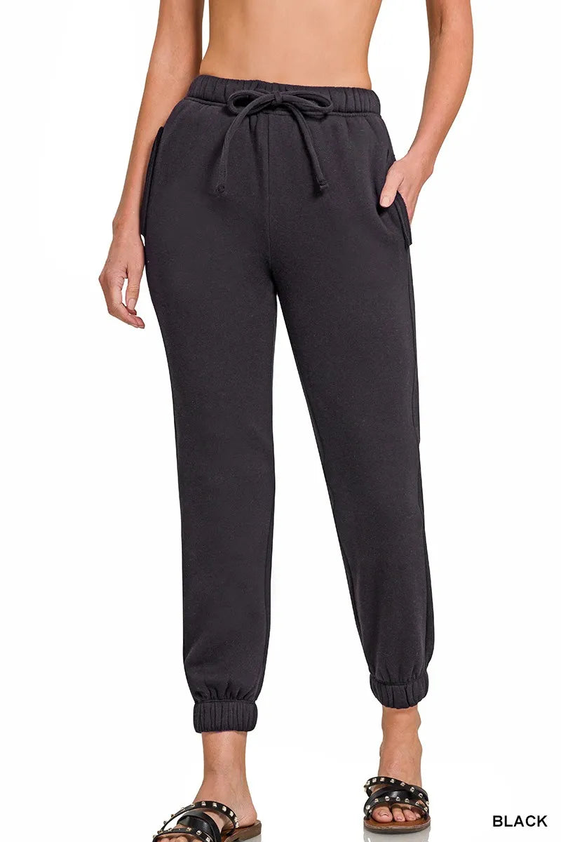 Sarah Express Women's Fleece Drawstring Joggers With Pockets BLACK