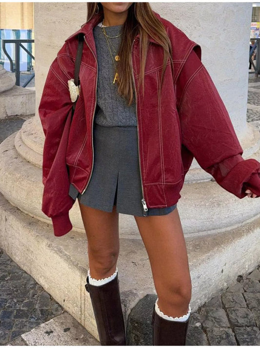 Sarah Express Women's Oversized Zip Up Jacket - Dropped Shoulder Casual Outerwear Burgundy