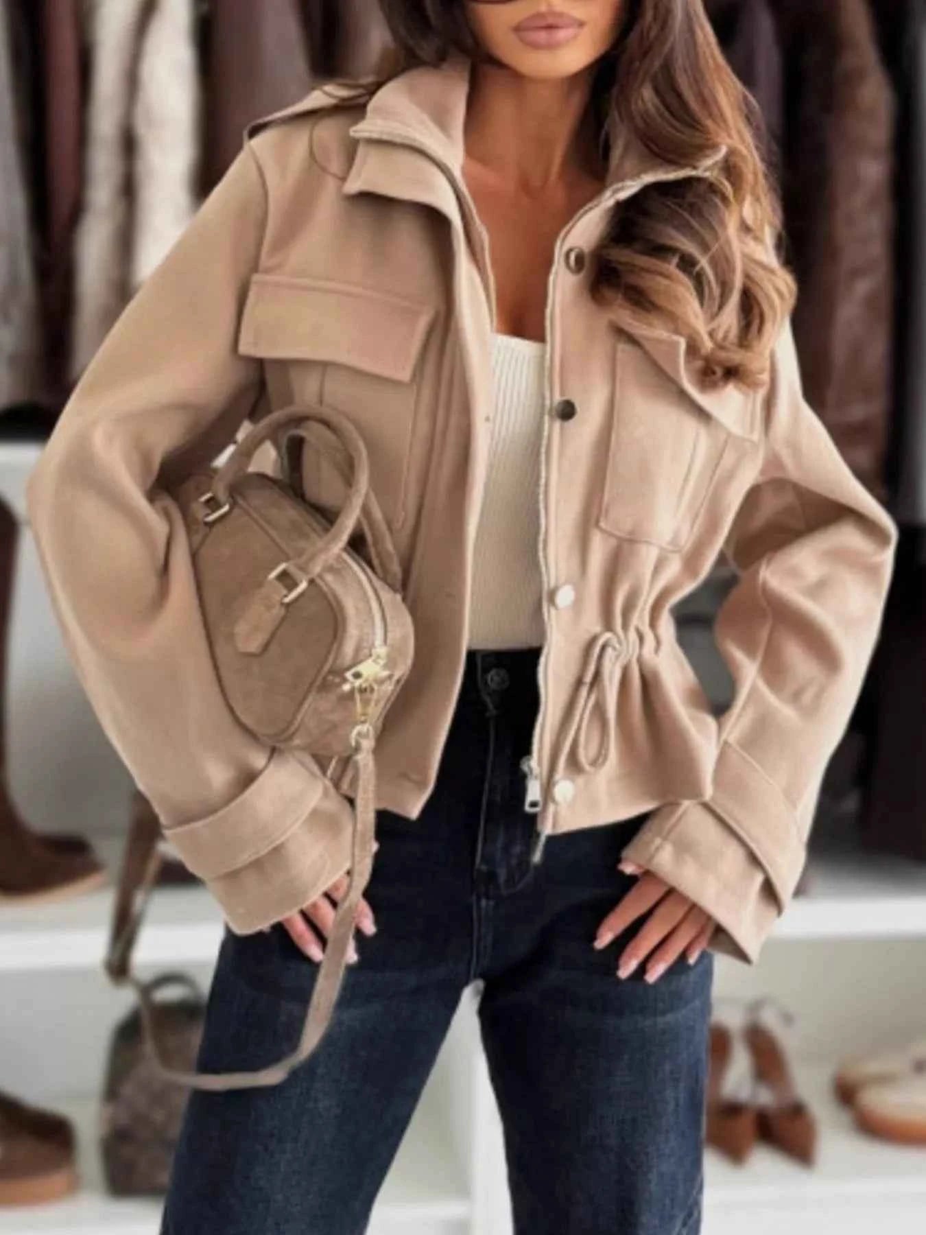 Sarah Express Women's Drawstring Button-Up Casual Jacket with Pockets Apricot