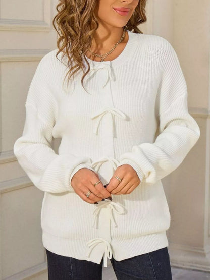 Sarah Express Women's Ribbed Knit Bow-Tie Cardigan - Premium Button-Up Sweater