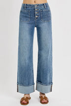 Sarah Express Women’s High Rise Cuffed Wide Leg Jeans with Patch Pockets
