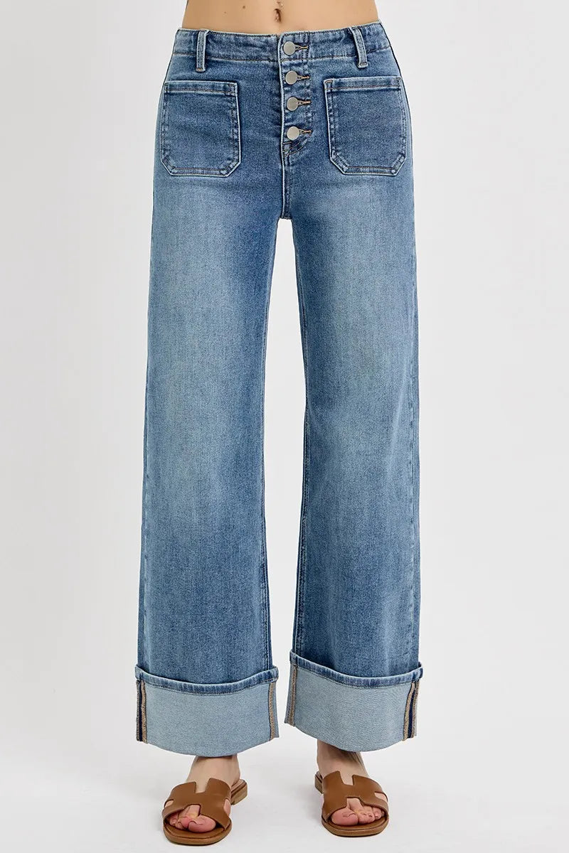 Sarah Express Women’s High Rise Cuffed Wide Leg Jeans with Patch Pockets
